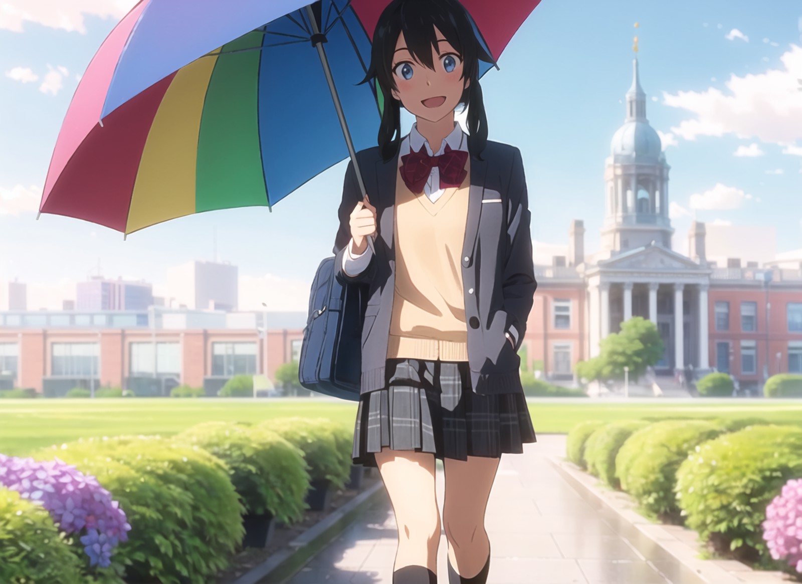 00191-3227021173-shinkai makoto, tenki no ko, 1girl, solo, skirt, blue eyes, outdoors, umbrella, flower, rainbow, hydrangea, smile, plaid skirt,.png